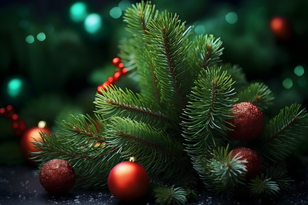 Christmas decoration with fir tree branches and red balls on black background.の素材