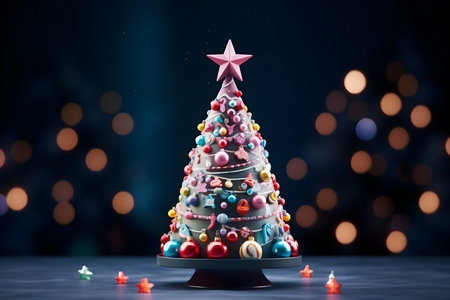 Christmas tree with ornaments on bokeh background. 3d renderingの素材