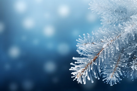 Fir branches covered with hoarfrost on a blue background.の素材