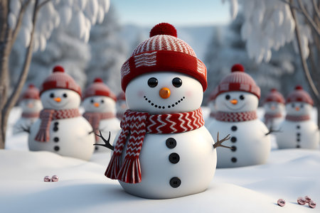 3d render of snowman in red hat and scarf in winter forestの素材