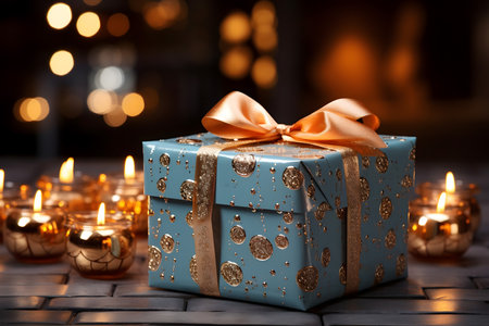 Gift box with bow and candles on wooden table against blurred backgroundの素材