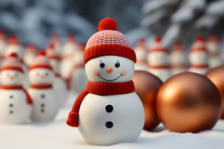 Snowman in a red hat and scarf standing in the snow. 3D illustration.の素材