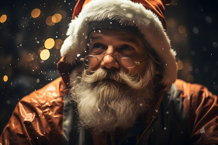 Portrait of an old man with a long beard in a Santa Claus hat. Christmas and New Year concept.の素材