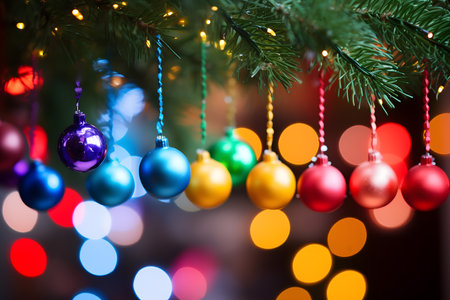 Christmas tree with colorful ornaments on bokeh background.の素材
