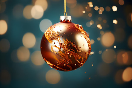 Christmas ball with falling drops of water on bokeh background.の素材