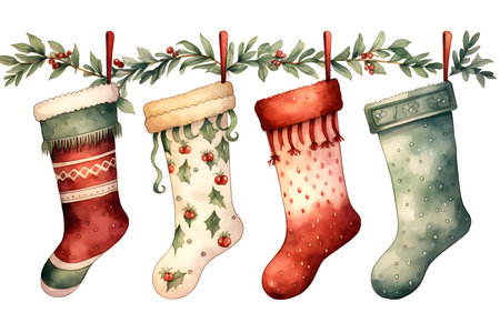 Set of Christmas socks decorated with branches and berries. Watercolor illustration.の素材