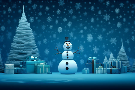 snowman and christmas gifts in blue snowflakes backgroundの素材