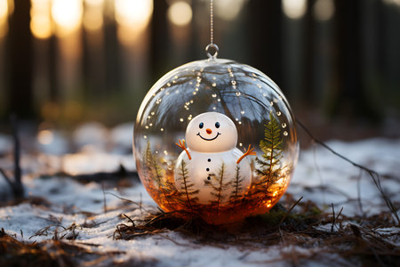Snowman in a glass ball in the winter forest. Christmas background.の素材