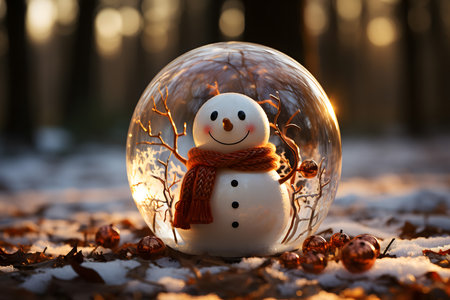 Snowman in a glass ball on the background of the winter forestの素材