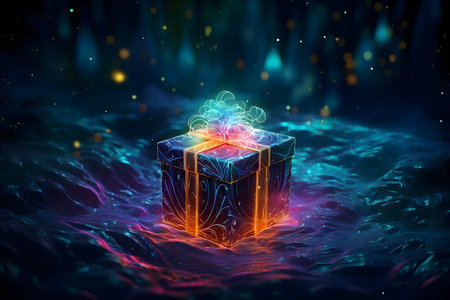 Gift box on abstract background. 3D rendering. Neon lightsの素材