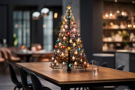 Christmas tree with lights on a wooden table in a restaurant. Christmas and New Year conceptの素材