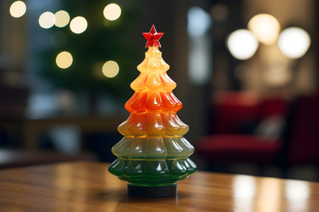 Christmas tree made of colorful glass on a wooden table in a cafeの素材