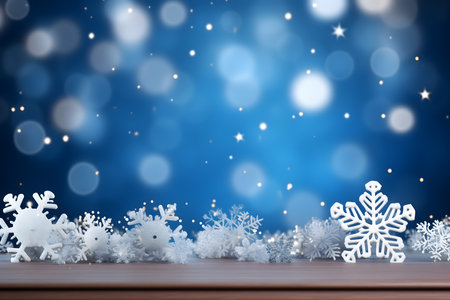 Christmas background with white snowflakes on blue bokeh backgroundの素材