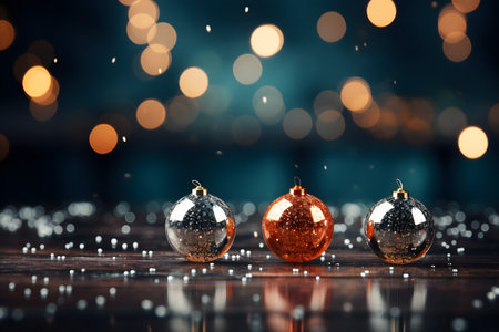 Christmas balls on a wooden background with bokeh and snowfallの素材