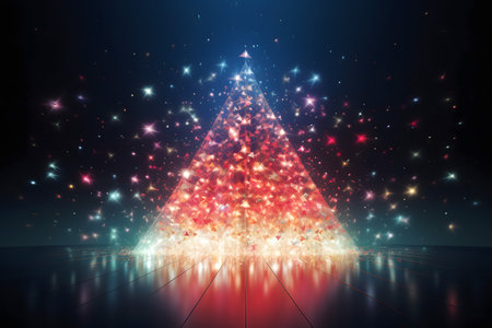 Christmas tree with glowing lights on a dark background. Vector illustration.の素材