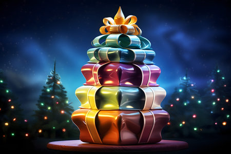 Christmas tree made of colorful gift boxes with golden bow and pine trees in the backgroundの素材