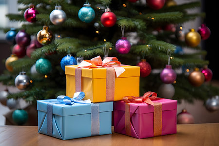 gift boxes on the background of the Christmas tree and the New Yearの素材