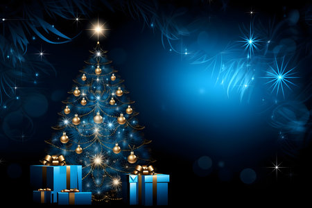 Blue Christmas background with a Christmas tree, gifts and stars. Vector illustration.の素材