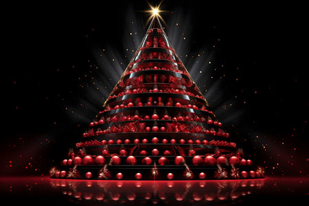 Christmas tree made of red baubles on a black background.の素材