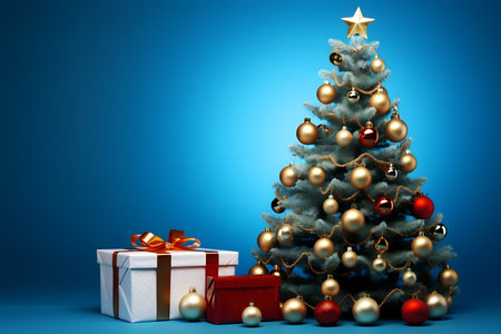 Christmas tree with gifts on a blue background. 3d rendering.の素材