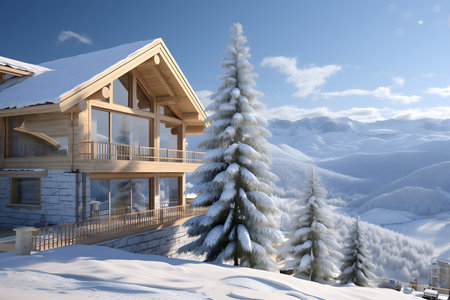 3d illustration of modern chalet with snow covered trees.の素材