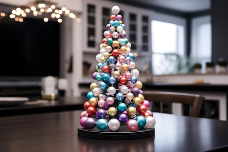 Christmas tree made of colorful baubles on table in living roomの素材
