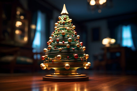 Christmas tree on wooden table. Christmas and New Year holidays concept.の素材