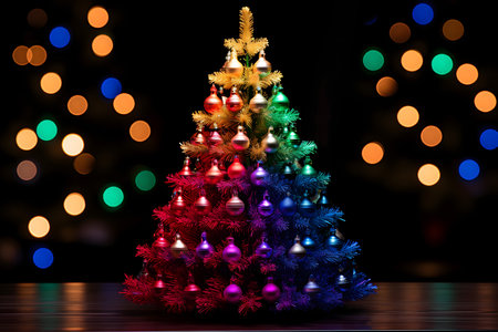 christmas tree with colorful bokeh lights in the dark backgroundの素材