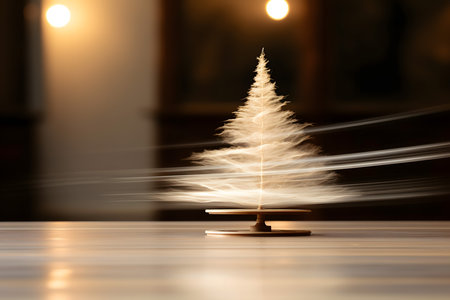 Christmas tree on a white wooden table in the dark. Christmas and New Year backgroundの素材