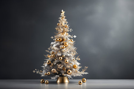 Christmas tree with golden baubles on grey background. 3d renderingの素材