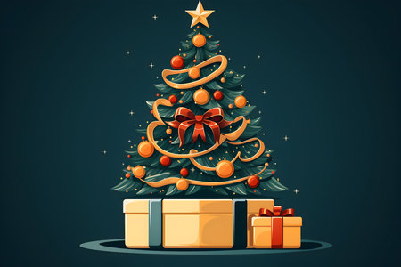 Christmas tree with gifts on dark background. Vector illustration for your designの素材