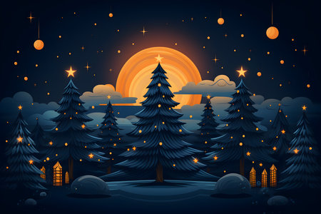Christmas night landscape with pine trees, moon and stars. Vector illustration.の素材