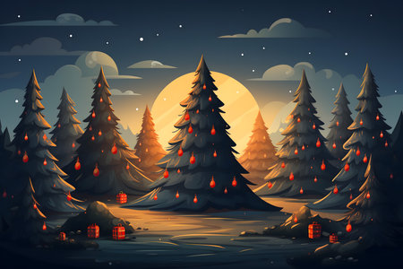 Night landscape with christmas trees and red houses. Vector illustration.の素材