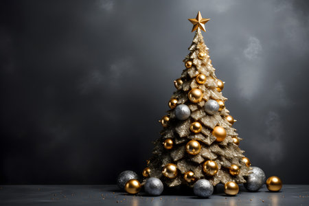 Christmas tree with gold and silver baubles on a dark backgroundの素材