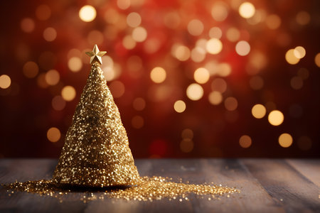 Christmas tree made of golden tinsel on bokeh lights backgroundの素材