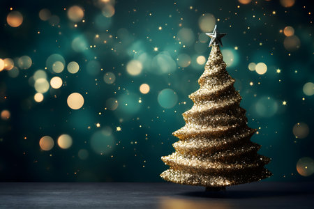 Christmas tree made of golden sparkles on bokeh background.の素材