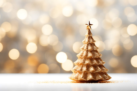 Christmas tree made of cookies on a background of golden bokehの素材