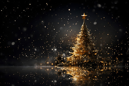 Golden Christmas tree on a black background with snowflakes and starsの素材