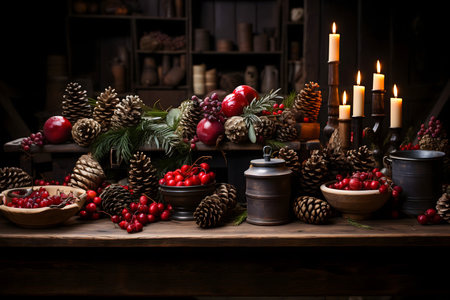 Christmas still life with red berries, pine cones and candles on wooden backgroundの素材