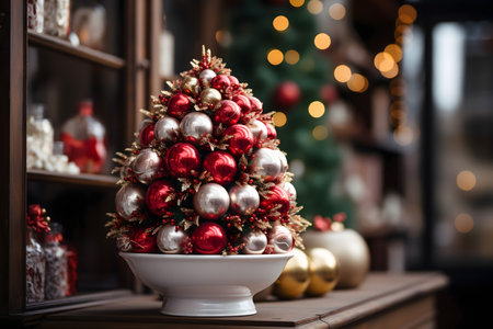 Christmas tree with ornaments on a wooden table in a cafeの素材