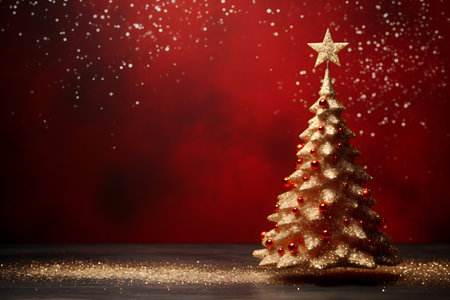 Christmas tree on red background with snowflakes and bokehの素材