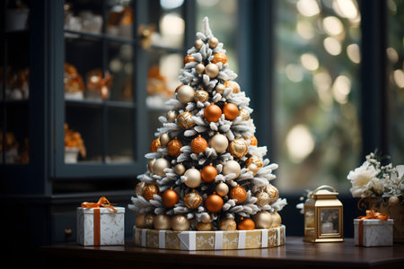 Christmas tree with gold and white ornaments and gift boxes.の素材