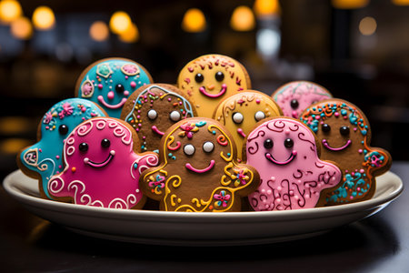 Group of colorful gingerbread cookies in the shape of a human faceの素材
