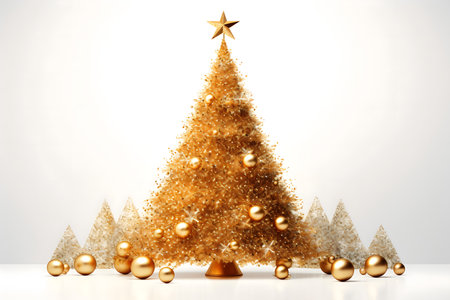 Golden Christmas tree on white background. 3D illustration. New Year concept.の素材