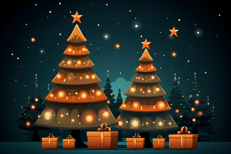 Christmas tree and gift boxes in the night forest. Vector illustration.の素材