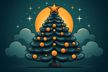 Christmas tree with orange balls and star on the background of the night skyの素材