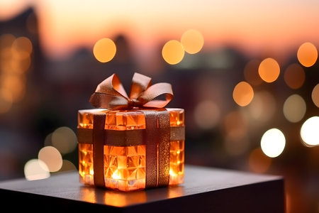 Beautiful gift box on the background of the city at sunset.の素材