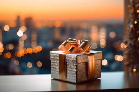 Gift box on the background of the city at sunset. New Year and Christmas concept.の素材