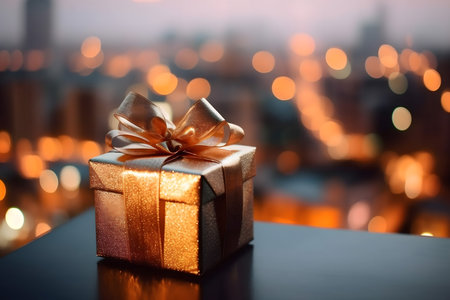 Gift box with golden bow on black table with blurred bokeh backgroundの素材