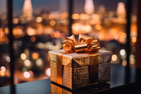 Gift box with golden ribbon on black table with blurred cityscape backgroundの素材